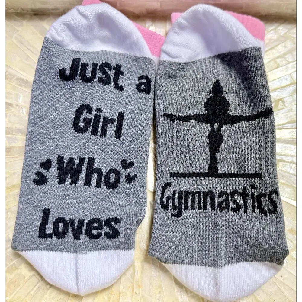 Just a Girl Who Loves Gymnastics Crew Socks Size 5-11 Pink Gray